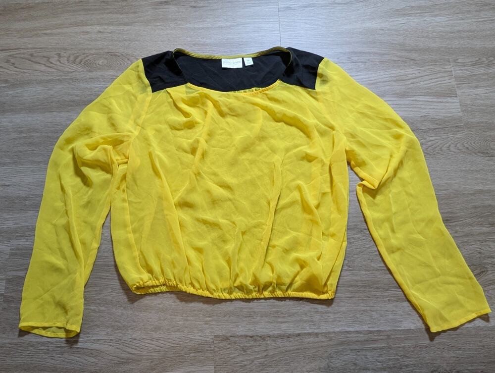 Bisou Bisou Womens Medium Yellow Sheer Chiffon Blouse Long Sleeve Career Top
